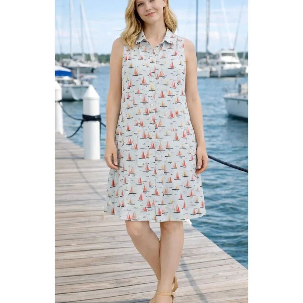 Cynthia Rowley white line. boat print shirt dress small